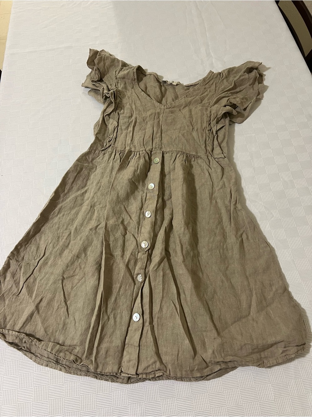 V-Neck Olive Green Button-Front Ruffle Sleeve Mini Dress - Picture 2 of 6